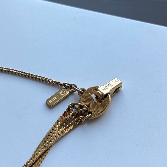 Vintage Signed Monet Gold Tone Tennis Bracelet Safety Chain 90s Costume Jewelry - Picture 10 of 16